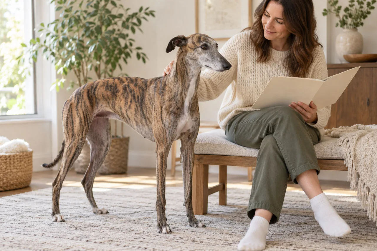 Owner reading beside a dog in a bright living room