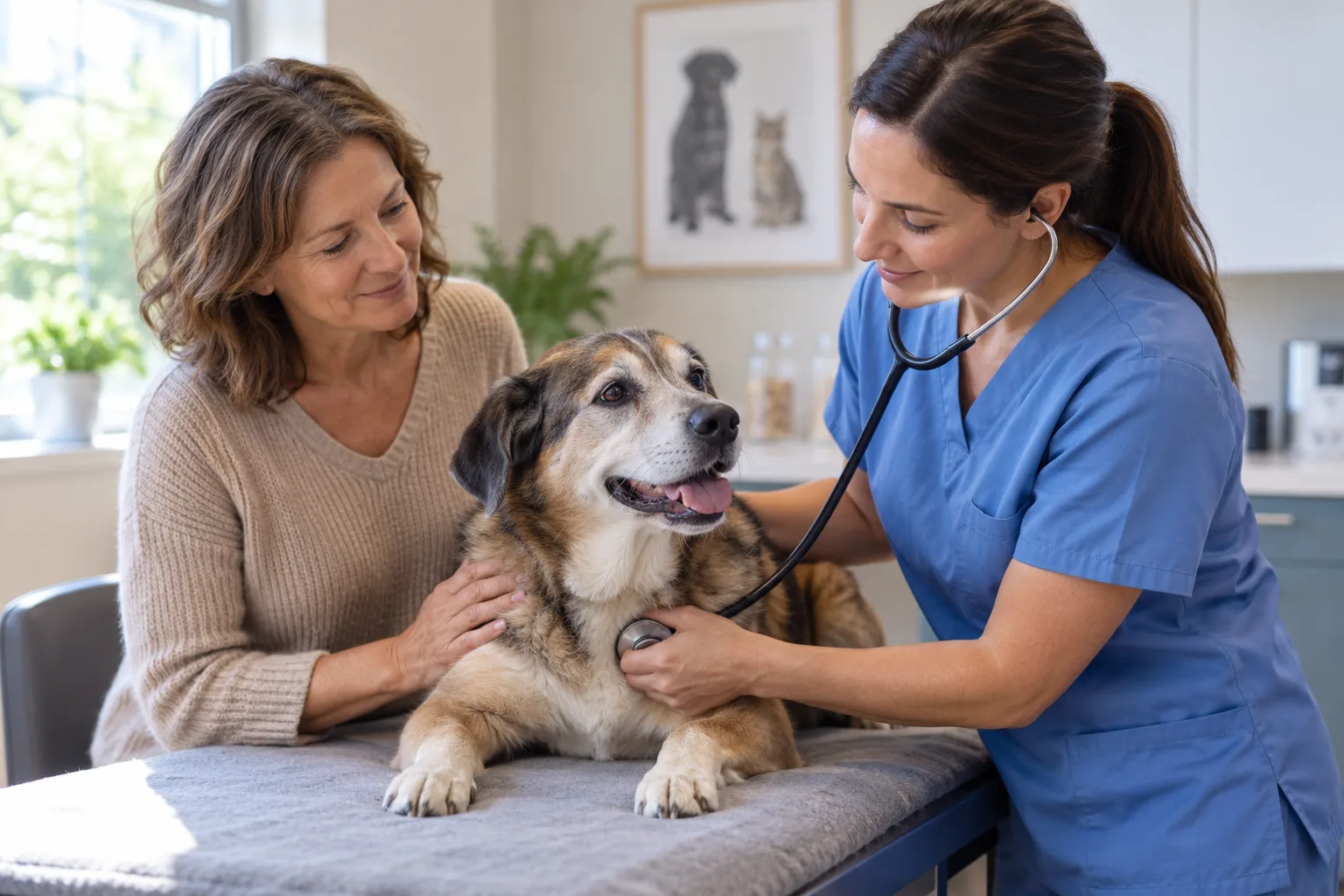 Owner and veterinary professional beside a dog during a calm consultation